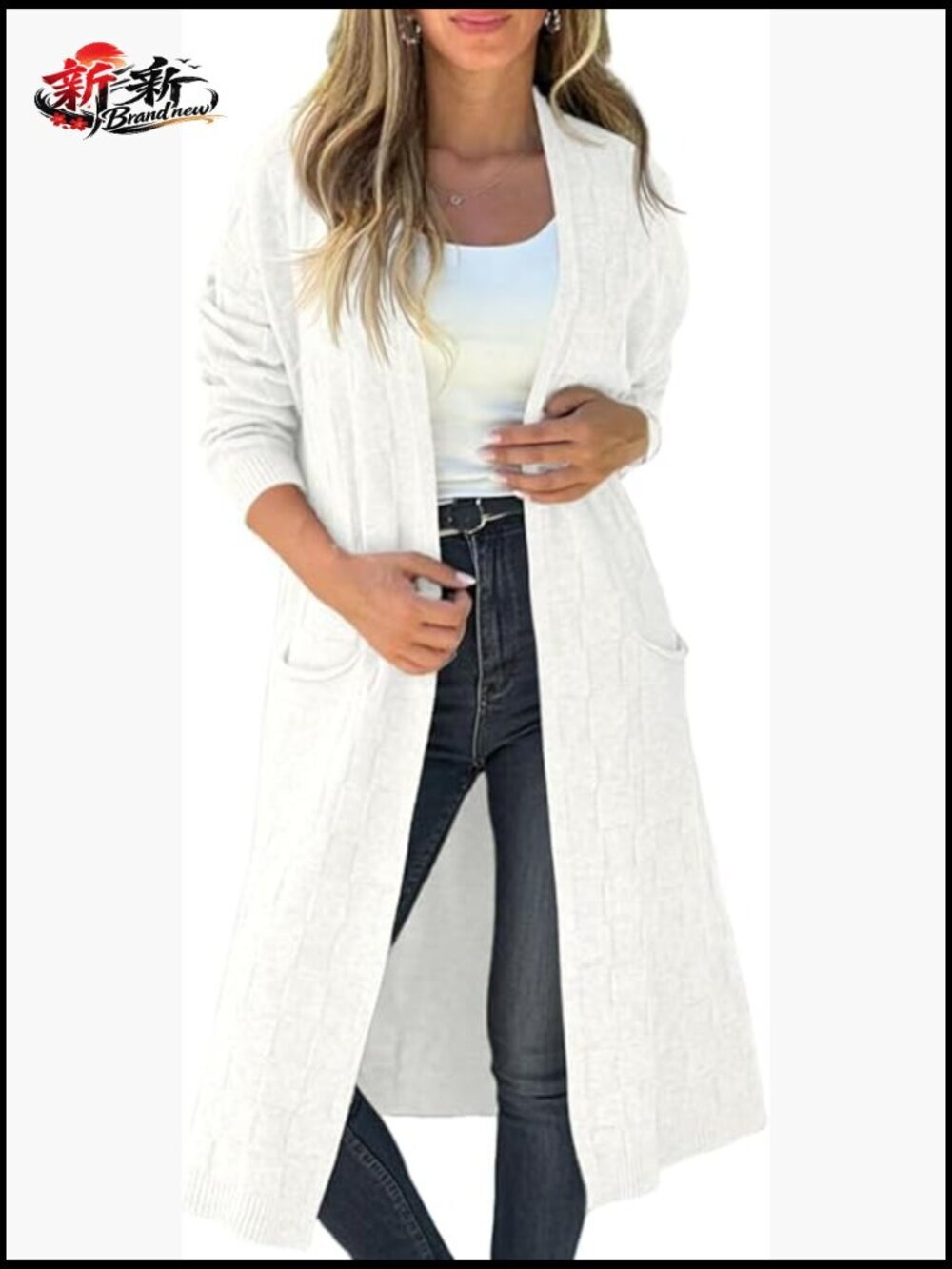 Oversized Open Front Checkered Knit Cardigan Sweater with Pockets